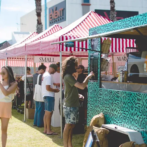striped gazebos with a food track