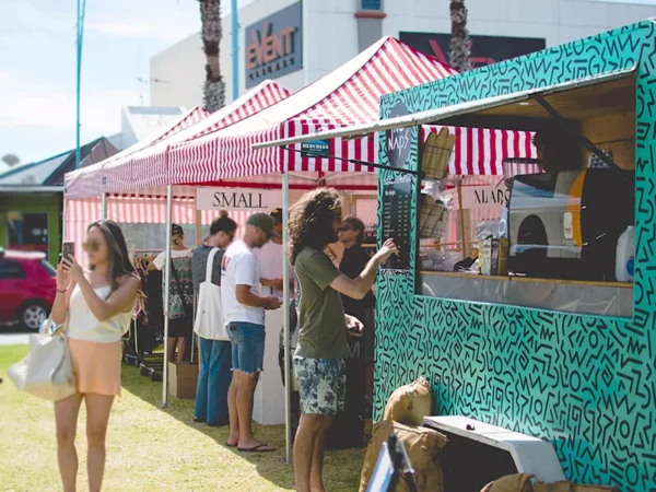 striped gazebos with a food track