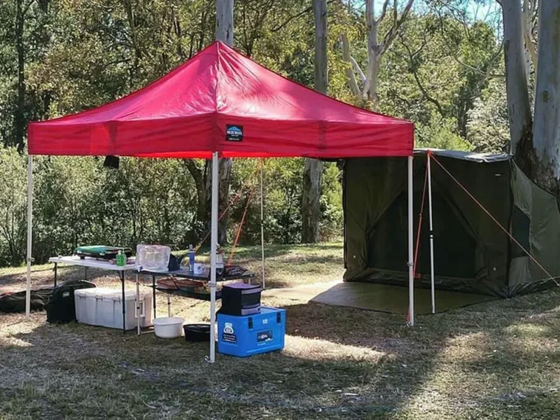 a camping gazebo in red
