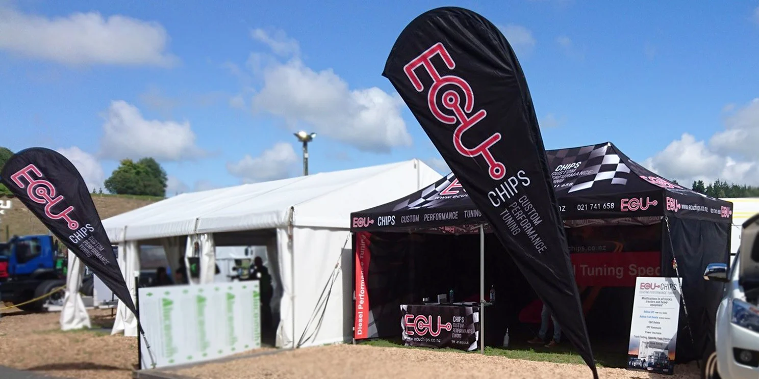 Custom flags and branded gazebos for A&P show exhibitors