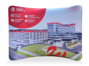 Tension fabric curved display backdrop for Wecare probiotics